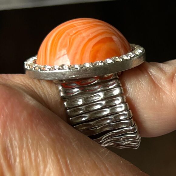 Vintage Ring - large orange stone surrounded by diamante and beads round finger - Picture 2 of 3